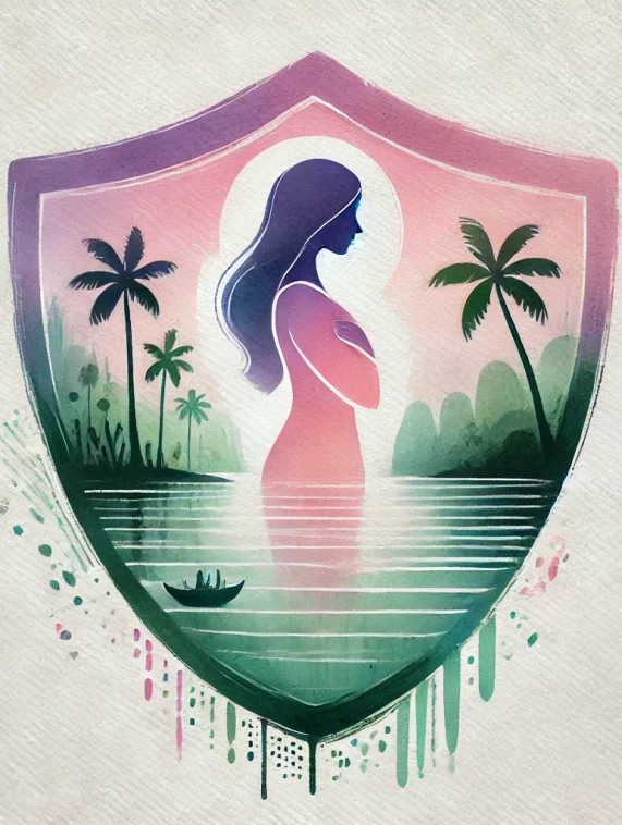 DALL·E 2024-09-26 13.53.43 - An abstract painting symbolizing safe women in Kerala, with soft brush strokes fading into a white paper background. The design features a protective