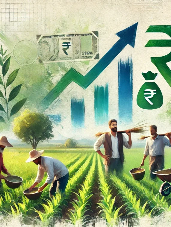 DALL·E 2024-09-26 13.56.36 - A painting-like image of farmers working on the fields with smiles, representing support and good earnings through proper subsidies. Include lush gree