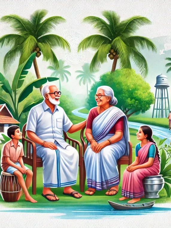 DALL·E 2024-09-26 14.02.23 - A peaceful scene depicting healthy living in Kerala with old people being well taken care of. An elderly couple is shown sitting comfortably, surround